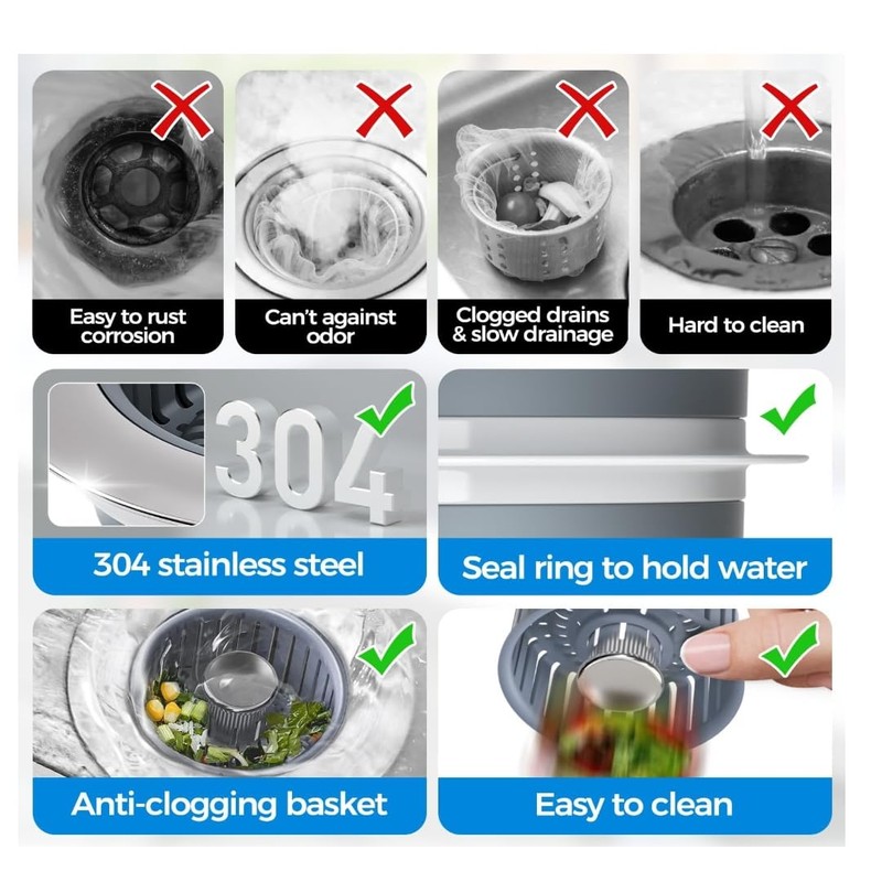 2 Pack 304Sink Drain Strainer - Sink Stopper, 3-in-1 Kitchen