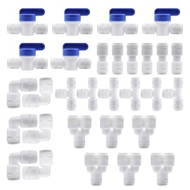 HAXIHA 30PcsRaccordo Filtro Acqua Ad Osmosi Inversa Raccordi Rapidi di Spinta dell'aria1/4"Raccordi a Pressione,per Filtri dell'Acqua,Tubo del Frigorifero,Y+T+I+L Tipo Combo+Valvola di intercettazione