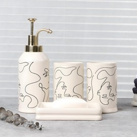 Santentre 4 Piece Ceramic Bathroom Accessory Set, Artistic Line Face Bathroom Sets Accessories with Soap Dispenser, Toothbrush Holder, Tumbler, Soap Dish, Abstract Bathroom Set for Decor, Off White