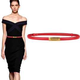 ALAIX Women's Leather Skinny Belt for Dress Adjustable Thin Waist Belt Dress Belt with Vintage Gold Buckle Red