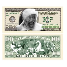 Black African American Kente Claus Santa Claus Bucks Novelty Million Dollar Bill in Bill Protector