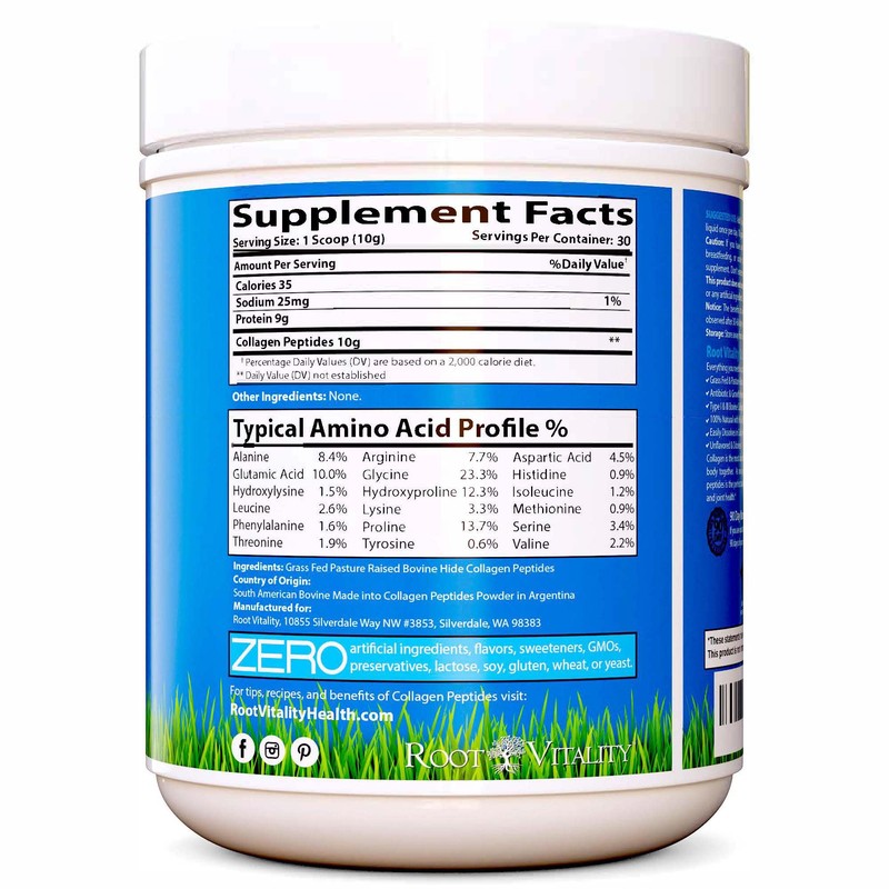 Root Vitality Collagen Peptides Powder - Grass-Fed, Pasture-Raised Hydrolyzed Protein