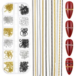 JIYIN 12 Strips Metal Nail Chain Charms, Metal Nail Art Chains 3D Gold Silver Gray Nails Chains with Box, Manicure Jewelry Chain Nails Decorations Charm for DIY Personality Manicure