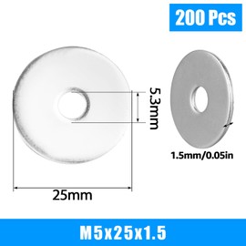 CYEER 200 Pack M5 Washers, M5 x 25mm Washers, 304 Stainless Steel Flat Penny Washers Thickness 1.5mm, Large OD Plain Wide Round Repair Washers for Screws Bolts
