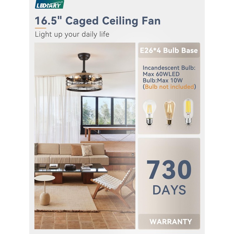 LEDIARY 16.5in Caged Ceiling Fan With Light, Fandelier Industrial Ceiling