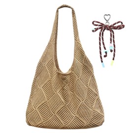 Scettar Crochet Bags for Women, Beach Crochet Tote Bag, Mesh Beach Bag for Women, Boho Shoulder Bag, Crochet Beach Bags, Small Beach Bag for Vacation, Daily Travel, Tourism and Shopping(Chestnut)