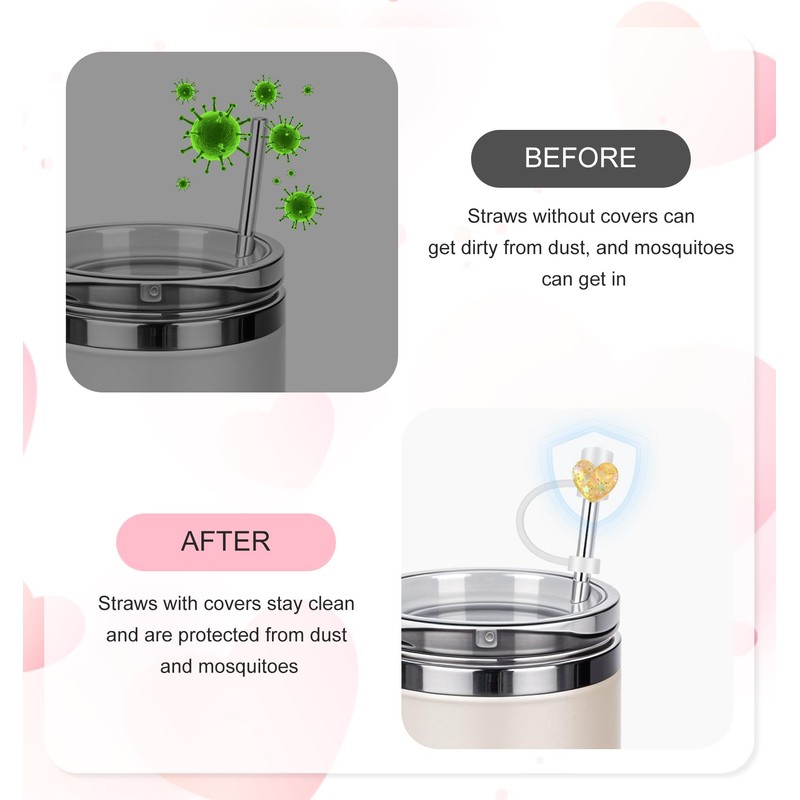 6pcs Heart Straw Toppers, Reusable Heart Straw Covers, Shiny Silicone