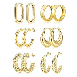 Jumcew 6 Pairs Chunky Hoop Earrings Set 14K Gold Plated Twisted Huggie Hoop Earring Hypoallergenic Lightweight Thick Open Earring Jewelry Christmas Gift
