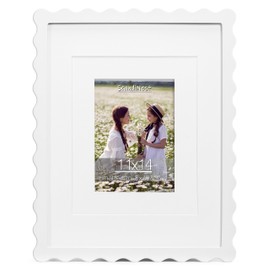 Scalloped 11x14 Picture Frame, Real Glass Wood Frame with Reversible Mat for 5x7/8x10 Prints, Wavy Edge for Wall or Tabletop, Decorative Photo Frame, White