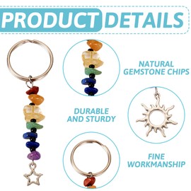 Pandahall 24Pcs Natural Gemstone Pendants Healing Crystals Chips Gemstone Keyring Star Moon Heart Charms Crystal Stone Keychain 6 Styles for Car Key Bag Decoration