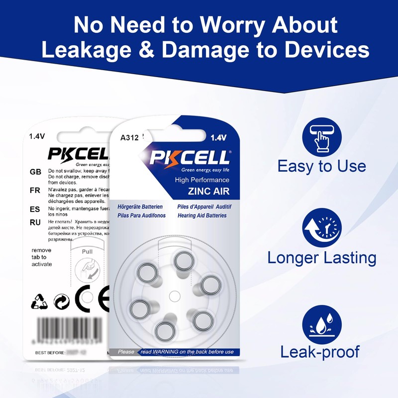 PKCELL Hearing Aid Batteries Size 312, Mercury Free Hearing Aid