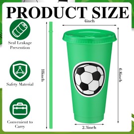 Domensi 12 Pcs Sport Soccer Plastic Cups with Lid and Straw 24 oz Reusable Plastic Cups Coffee Tumblers Gift for Fan Friend Guest Birthday Office Sport Party Supplies (Green)