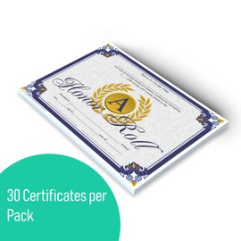 Hayes "A" Honor Roll Certificate, Academic Achievement Awards for Students, High Honors, Straight A's, Full-Color Glossy Finish, 8.5" x 11" - 30 Pack