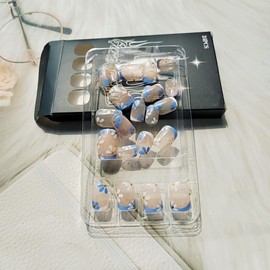 24 Pcs Pink Press on Nails Short Square,MINGCHUN Spring Cute Fake Nails Press ons Acrylic Nail Art Tip Kit Full Cover Summer False Nails Glue on Nails with Blue White French Flowers Design for Women