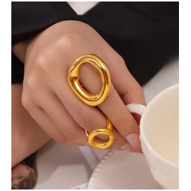 Kokoma Hollow Oval Shaped Chunky Statement Ring for Women Stainless Steel Irregular Thick Chunky Gold Finger Band Stackable Rings Geometric Ring Minimalist Jewelry (Gold, 7)