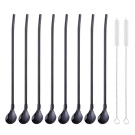Straws, 8-Piece 8.5inch Black 18/8(304) Stainless Steel Reusable Straws + 2 Brushes