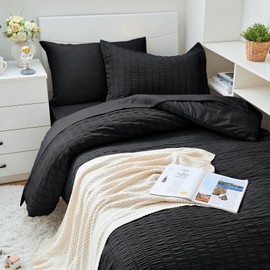 HYMOKEGE Black Twin XL Comforter Set Seersucker 5 Pieces, All Season Luxury Bed in a Bag for Bedroom, Bedding Set with Comforters, Sheets, Pillowcase & Sham