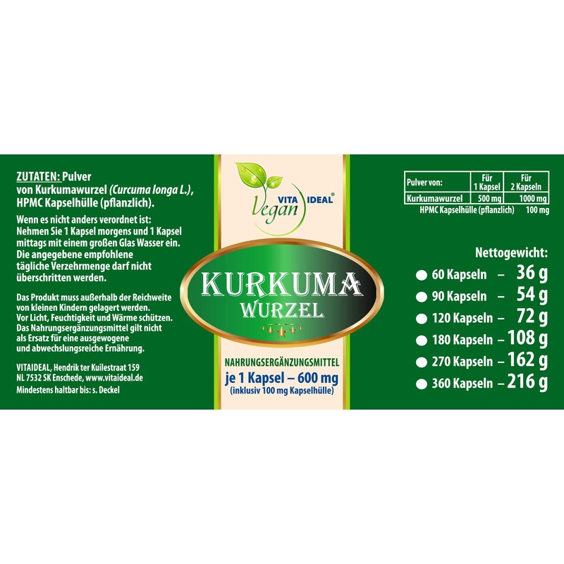 Vitaideal Vegan® Turmeric Root (Turmeric) 90 Vegetable Capsules Each 600