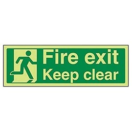 V Safety 14011AX-G Glow In The Dark Fire Exit Keep Clear Sign - 300mm x 100mm - Rigid Plastic, Green