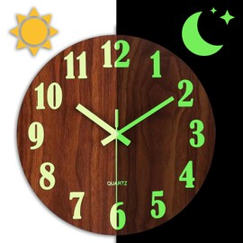 lanzoub Wall Clock, Wooden, Luminous Wall Clock, Silent, Stylish, Continuous Second Hand, Wall Mount, Wood, Clock, Fluorescent, Automatic Glow in Dark, Home, Bedroom, Office, Interior Wall Clock,