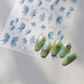 Blue Butterfly Nail Stickers Laser Flower Nail Decals with 5D Embossed Pearl Designs 3D Self-Adhesive Spring Nail Art Stickers Summer Nails Decoration Accessories for Women Girls Manicure 1 Sheet