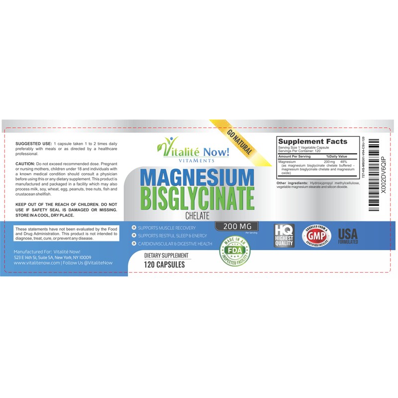 Vitalité Now! Magnesium Bisglycinate 200mg - 100% Chelated Capsules for
