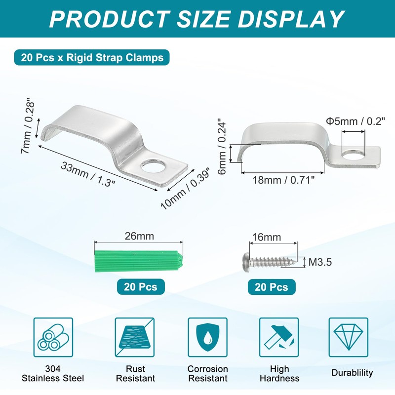 MECCANIXITY 20Pack Rigid Pipe Strap Fit for 6x18mm Strip/Cable, Stainless