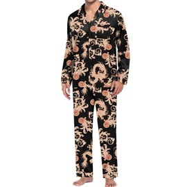 SWOMOG Men Pajamas Matching Pajamas Set Silk Satin Pj Set Long Sleeve Button Down Sleepwear 2 Pcs Loungewear Black Dragon X-Large