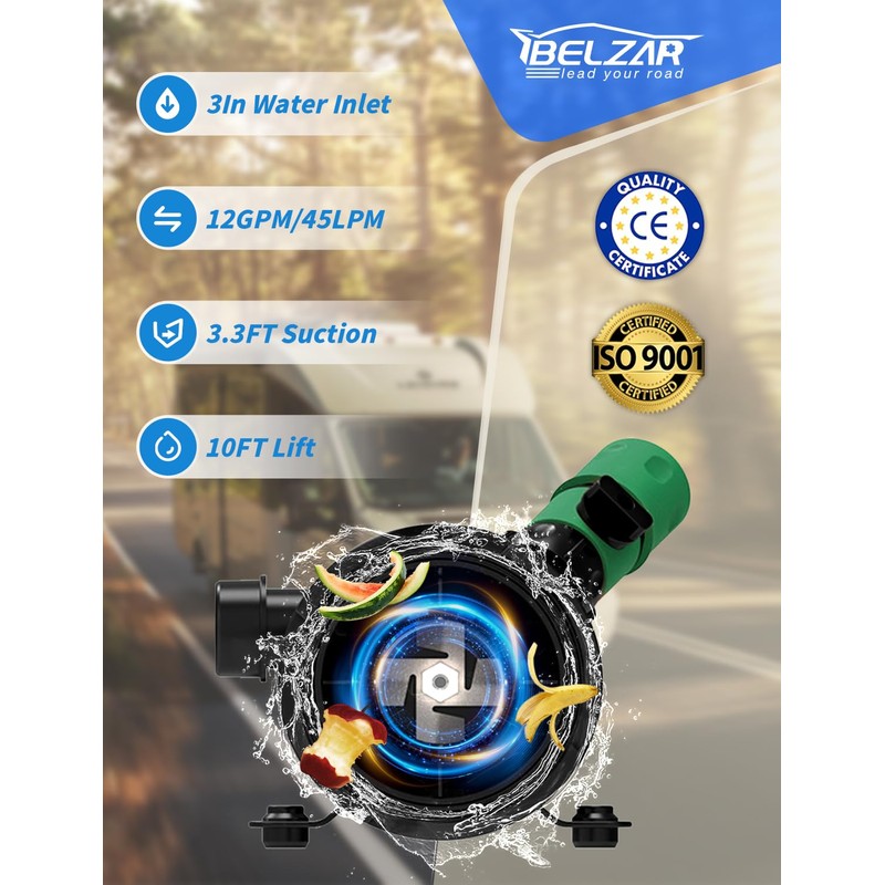 BELZAR RV Macerator Pump 12V 12 GPM Lift 10FT Suction