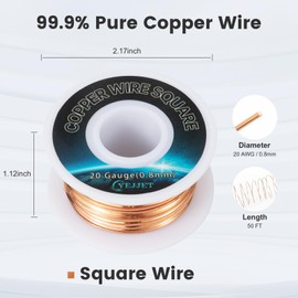 Alambre de cobre cuadrado de 20 AWG – Alambre fino para manualidades de 0.8 x 0.8 mm, 50 pies, carrete a granel para negocios de joyería, cuentas y manualidades