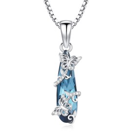 Butterfly Crystal Necklace 925 Sterling Silver Butterfly Pendant with Blue Crystal Animal Chain Double Butterfly Jewellery Gifts for Women Girls, Sterling Silver, Cubic Zirconia