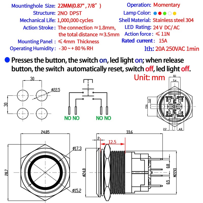 15 Amp 22mm 5/8" Momentary Push Button Switch 24V DC/AC