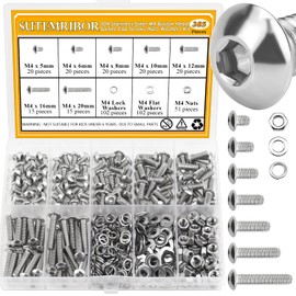 385 Pieces M4 Screws Nuts Washers Set, Sutemribor M4 x 5/6/8/10/12/16/20mm Button Head Socket Cap Screws Nuts Washers Assortment Kit, 304 Stainless Steel, Fully Threaded