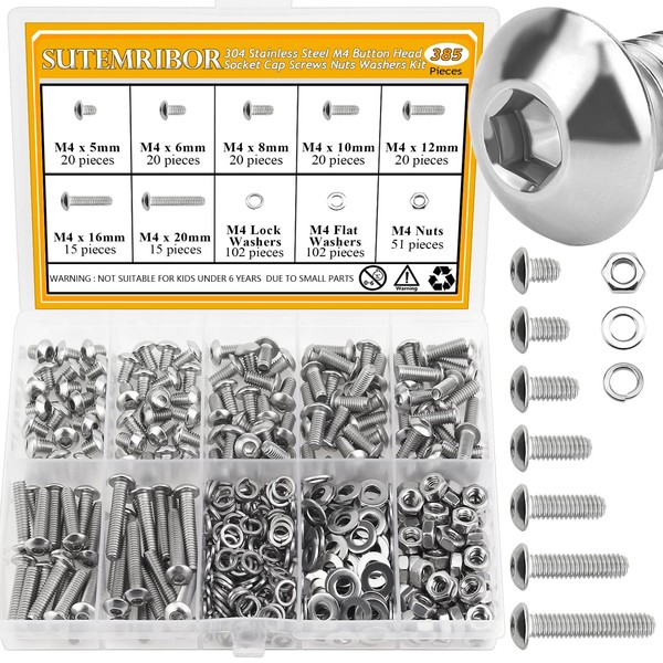 385 Pieces M4 Screws Nuts Washers Set, Sutemribor M4 x