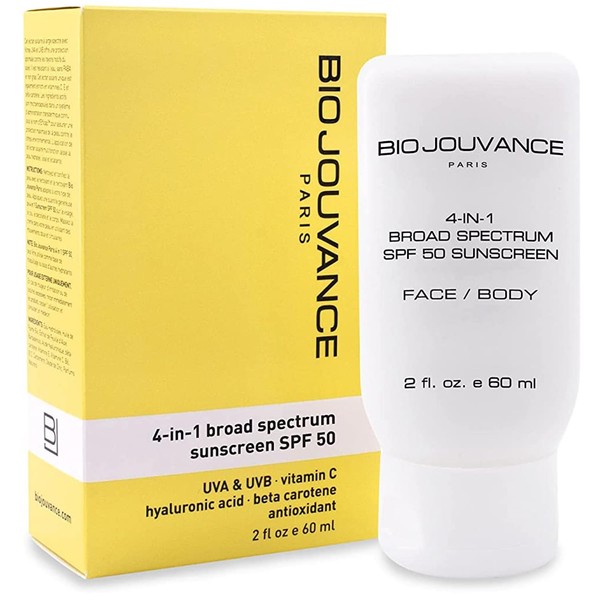 BIO JOUVANCE PARIS - 4 In 1 Sunscreen SPF 50 2oz / 60ml - Daily Sensitive Skin Face Moisturizer | Mineral Sun Screen Protector | Reef Safe | Facial Sunblock Lotion for Women, Men & Kids | Made in France