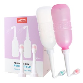 aicci 2 Pack Peri Bottle for Postpartum Care, Portable Travel Bidet for Women, 17oz Large Capacity Perineal Bottle for Feminine Hygiene with Travel Bag, Angled Nozzle & Straight Nozzle (Pink + White)