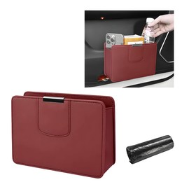 FSTURIOS Car Trash Can, Leather Magentic Vehicle Garbage Organizer with One Roll Trash Bag, Foldable Waterproof Dustbin Litter Container Mini Sotrage Bag for Car Truck SUV (Wine Red)