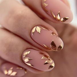 Press on Nails Short Length Almond Shaped Artificial Acrylic Fingernails Gold Leaves Design Fake Nail Full Cover Glossy Reusable Coffin False Nail Glue on Nails for Women 24Pcs