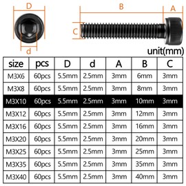 SWTYExt Pack of 60 Cylinder Screws with Hexagon Socket M3 x 10 mm Screws Carbon Steel Hexagon Socket Screw Full Thread Hex Screws Black Allen Screws for Fasteners