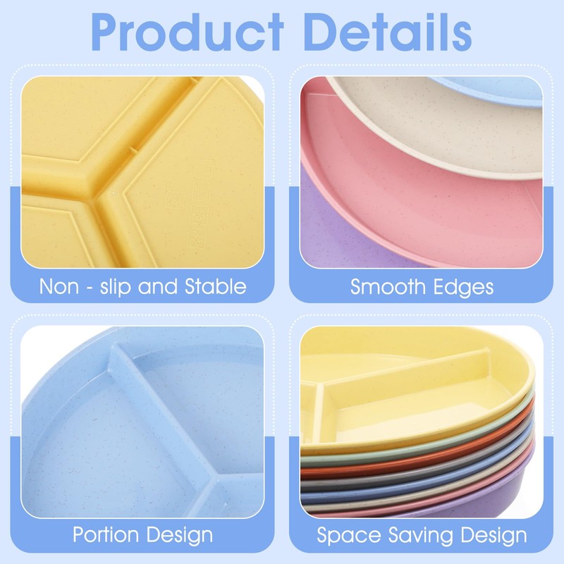Divided Plates for Adults (8 Pack), 9.6 Inch Multicolor Wheat