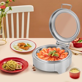 Silencear Electric Round Chafing Dish Buffet Set, 6.34QT Electric Chafing Dish Chaffing Servers With Glass Lid Stainless Steel Chafers Buffet Food Warmer Set, 9 Heating Levels