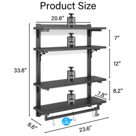 kepptory 24" Foldable Gaming Floating Shelves with LED Lights, 4 Tier Display Rack with Adjustable Shelf, Wall Mounted Shelf with Hanging Rod and 8 S-Hooks for Gaming Room, Black