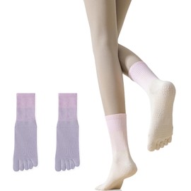 Karsaer G0200 Yoga Socks, Women's, 5 Toes, Anti-Slip, Medium Length, Pilates Socks, Cotton, Antibacterial, Odor Resistant, Pilates, Hot Yoga, 2 Pair Set, Approx. 8.9 - 9.6 inches (22.5 - 24.5 cm