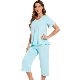 WiWi Soft Pajama Set for Women Viscose from Bamboo Short Sleeve Top with Capris Pajamas Sets S-XXL, Aqua, Small