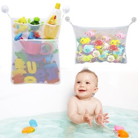 2Pcs Bath Toy Storage, Bathroom Toy Storage, Bath Toys Storage, Baby Bath Toys Mesh Net Bag with Strong Suction Cups, Foldable Organizer for Baby & Bathroom Supplies (White)