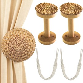 Kinktons Boho Curtain Holdbacks & Cotton Rope Tiebacks Set of 2 - Wall Mounted Decorative Drapery Hooks, Hand-Woven Natural Rattan Wooden & Soft Cotton Rope for Sheer/Blackout Curtains Home Office