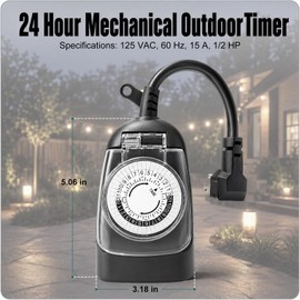 24 Hour Mechanical Outdoor Timer for Lights – 15A / 1/2HP, Waterproof