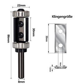 GLRYD Flush Cutter 8 mm Shank, 30 mm Cutting Length, D = 22 mm, 2 Cutting Surfaces, Reversible Plates, Carbide, with Ball Bearings Top and Bottom, for Woodworking, Flush Surface/Copy Milling/Edge