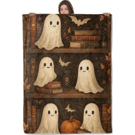 Wanoryer Cute Ghost Library Blanket, Comfy & Warm Flannel Books Bats Pumpkin Throw Blanket for Couch, Gifts for Women Kids Adults, Soft Fuzzy Lightweight Travel Bed Spooky Blankets for Decor 50"×60"