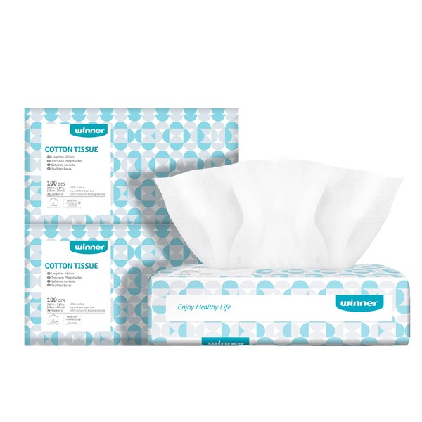 Winner Facial Tissue 100% Pure Cotton Dry Wipes Unscented Disposable Tissues Towel OEKO-Tex Certified Face Towelettes Disposable Chemical-Free Baby Wipes, 300 Counts